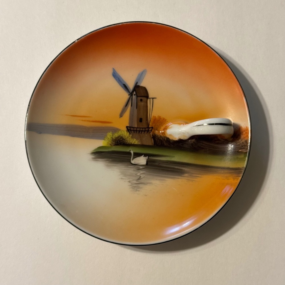 Vintage Noritake Hand Painted Windmill Swan Porcelain Dish Loop Handle Japan